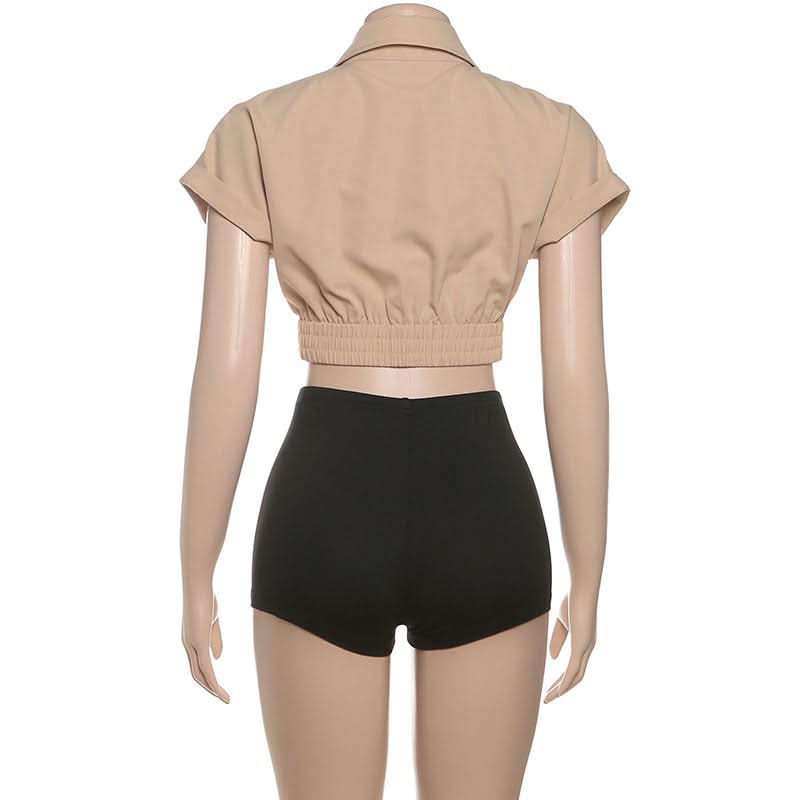 Effortless Chic: Khaki Crop Button-Up & Black High-Waist Shorts Set – Your Perfect Fall Comfort