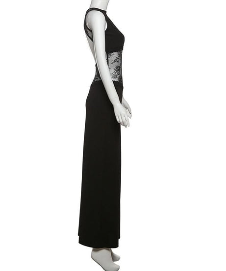 Black Lace Illusion Maxi Dress | Backless Glamour for Fall & Holiday Parties