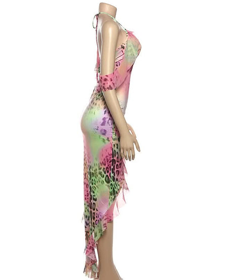 Y2K Rainbow Leopard Halter Maxi Dress - Vibrant Asymmetrical Ruffle Party & Resort Ready