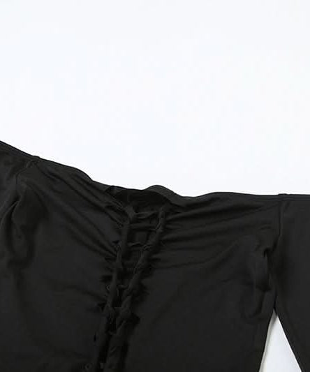 Sultry Black Off-Shoulder Long Sleeve Ladder Cut-Out Romper - Fall Nights & Party Essential