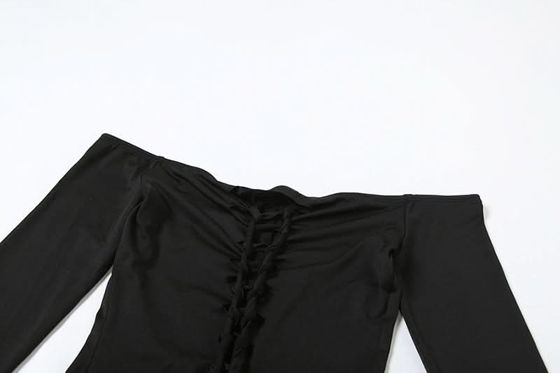 Sultry Black Off-Shoulder Long Sleeve Ladder Cut-Out Romper - Fall Nights & Party Essential