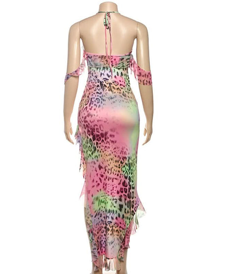 Y2K Rainbow Leopard Halter Maxi Dress - Vibrant Asymmetrical Ruffle Party & Resort Ready