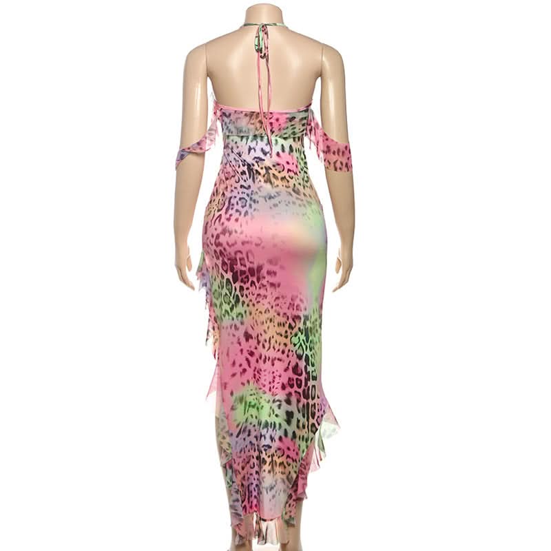 Y2K Rainbow Leopard Halter Maxi Dress - Vibrant Asymmetrical Ruffle Party & Resort Ready