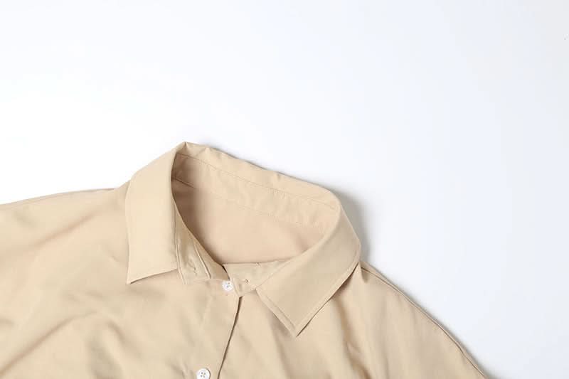 Effortless Chic: Khaki Crop Button-Up & Black High-Waist Shorts Set – Your Perfect Fall Comfort