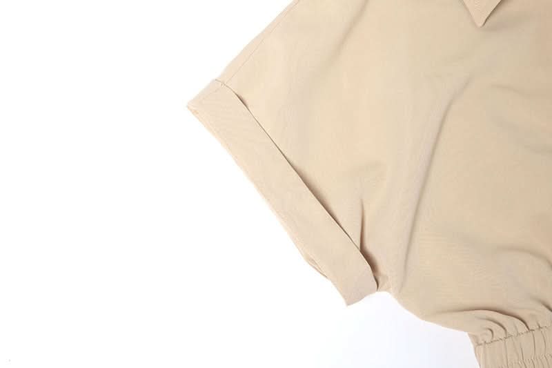 Effortless Chic: Khaki Crop Button-Up & Black High-Waist Shorts Set – Your Perfect Fall Comfort