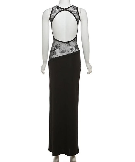 Black Lace Illusion Maxi Dress | Backless Glamour for Fall & Holiday Parties