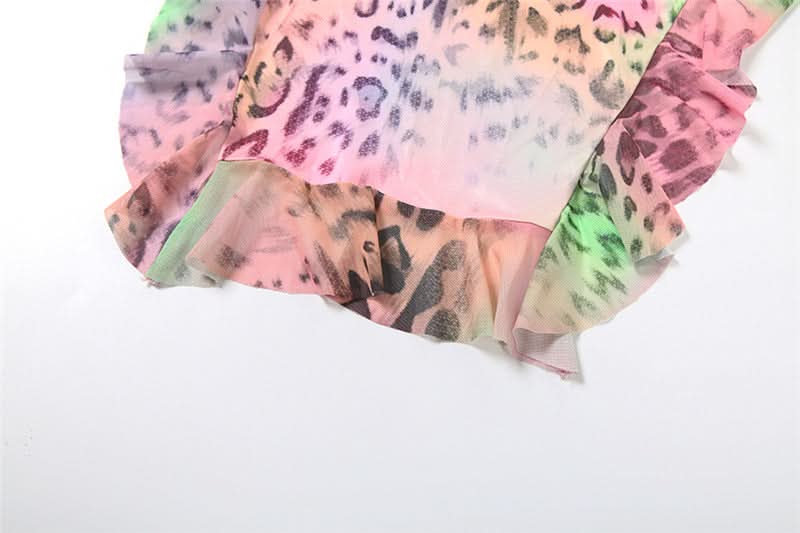 Y2K Rainbow Leopard Halter Maxi Dress - Vibrant Asymmetrical Ruffle Party & Resort Ready