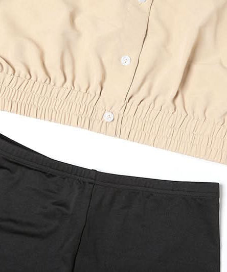 Effortless Chic: Khaki Crop Button-Up & Black High-Waist Shorts Set – Your Perfect Fall Comfort