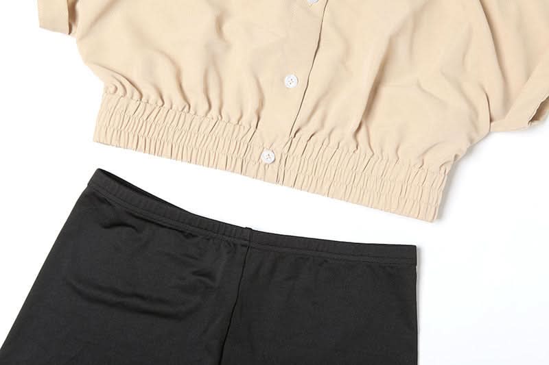 Effortless Chic: Khaki Crop Button-Up & Black High-Waist Shorts Set – Your Perfect Fall Comfort