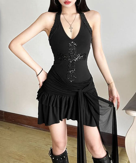 Mystic Nights Sequin Cross Halter Mini Dress - Your Ultimate Halloween & Holiday Party Look