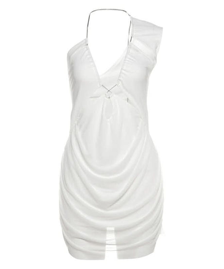 Daring White Ruched Halter Mini Dress | Metal Chain & Cutout - Your Fall Party & Night Out Essential
