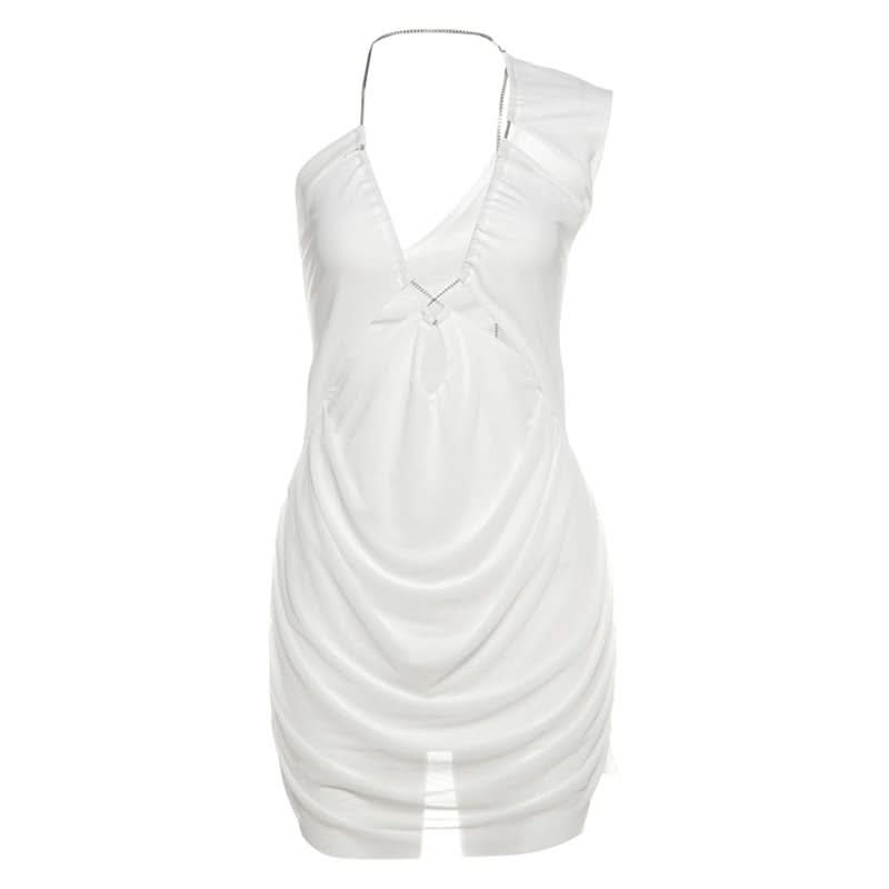 Daring White Ruched Halter Mini Dress | Metal Chain & Cutout - Your Fall Party & Night Out Essential