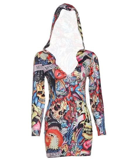 Dare to Stand Out: Edgy Tattoo Print Hooded Bodycon Mini Dress – Your Ultimate Halloween & Fall Party Look!