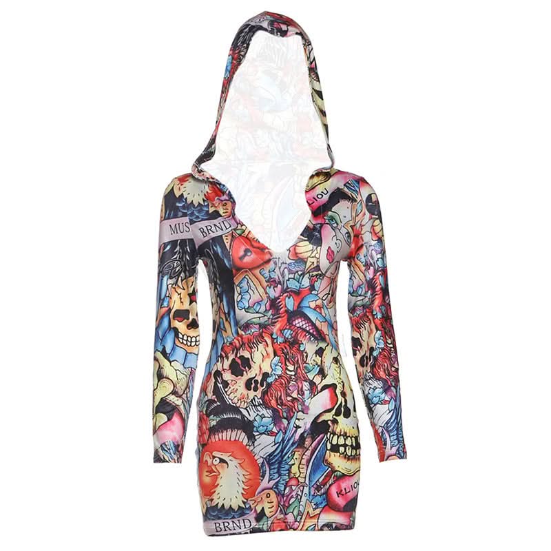 Dare to Stand Out: Edgy Tattoo Print Hooded Bodycon Mini Dress – Your Ultimate Halloween & Fall Party Look!