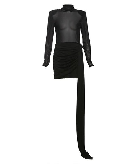 Sultry Black Mesh High Neck Mini Dress with Asymmetrical Statement Drape | Fall & Holiday Party Ready