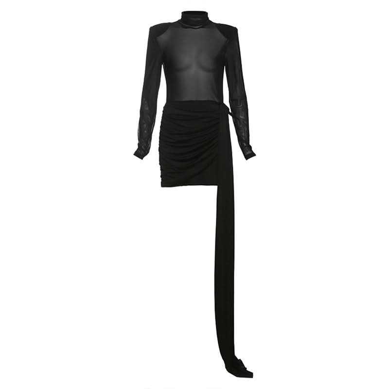 Sultry Black Mesh High Neck Mini Dress with Asymmetrical Statement Drape | Fall & Holiday Party Ready