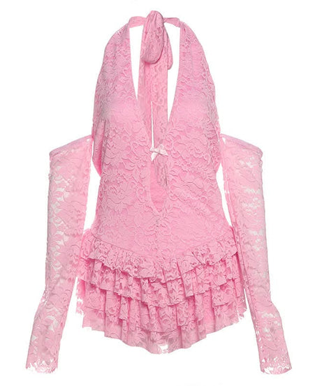 Flirty Pink Lace Halter Bodysuit | Tiered Ruffles & Chic Cold Shoulder Sleeves