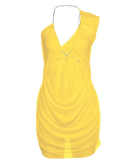 Daring White Ruched Halter Mini Dress | Metal Chain & Cutout - Your Fall Party & Night Out Essential