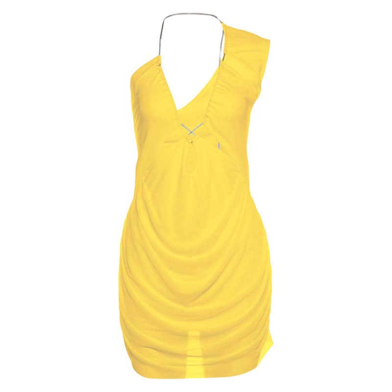 Daring White Ruched Halter Mini Dress | Metal Chain & Cutout - Your Fall Party & Night Out Essential