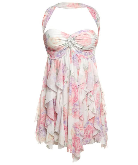 Autumn Glow Halter Floral Ruffle Mini Dress - Effortless Chic for Fall & Holiday Parties