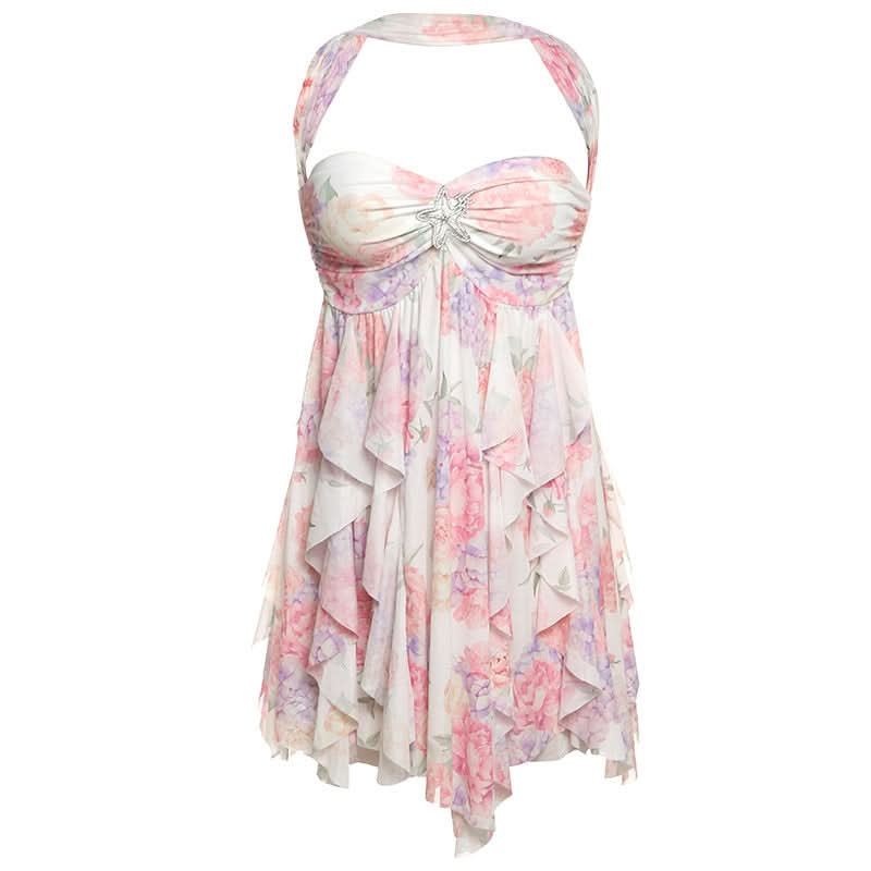 Autumn Glow Halter Floral Ruffle Mini Dress - Effortless Chic for Fall & Holiday Parties