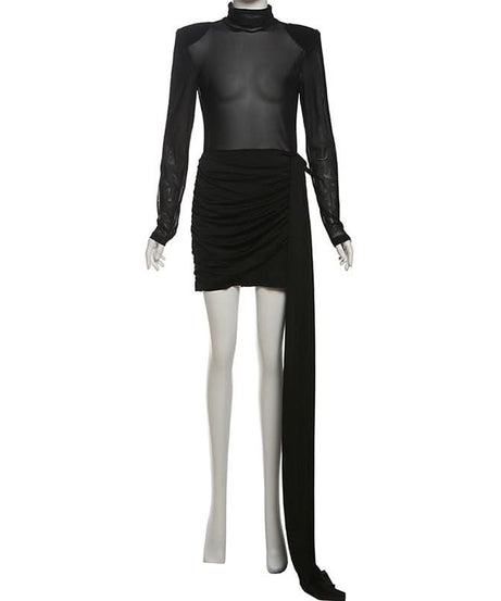 Sultry Black Mesh High Neck Mini Dress with Asymmetrical Statement Drape | Fall & Holiday Party Ready