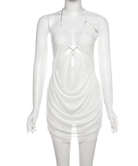 Daring White Ruched Halter Mini Dress | Metal Chain & Cutout - Your Fall Party & Night Out Essential