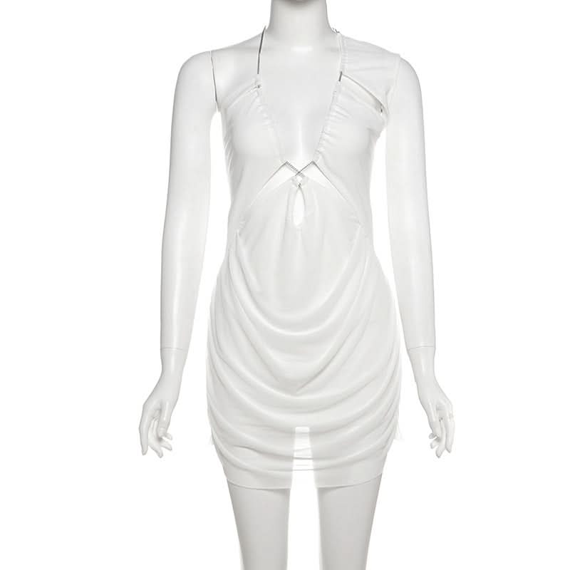 Daring White Ruched Halter Mini Dress | Metal Chain & Cutout - Your Fall Party & Night Out Essential