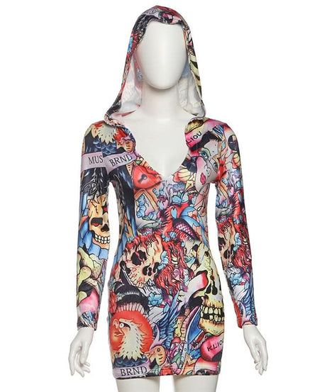 Dare to Stand Out: Edgy Tattoo Print Hooded Bodycon Mini Dress – Your Ultimate Halloween & Fall Party Look!