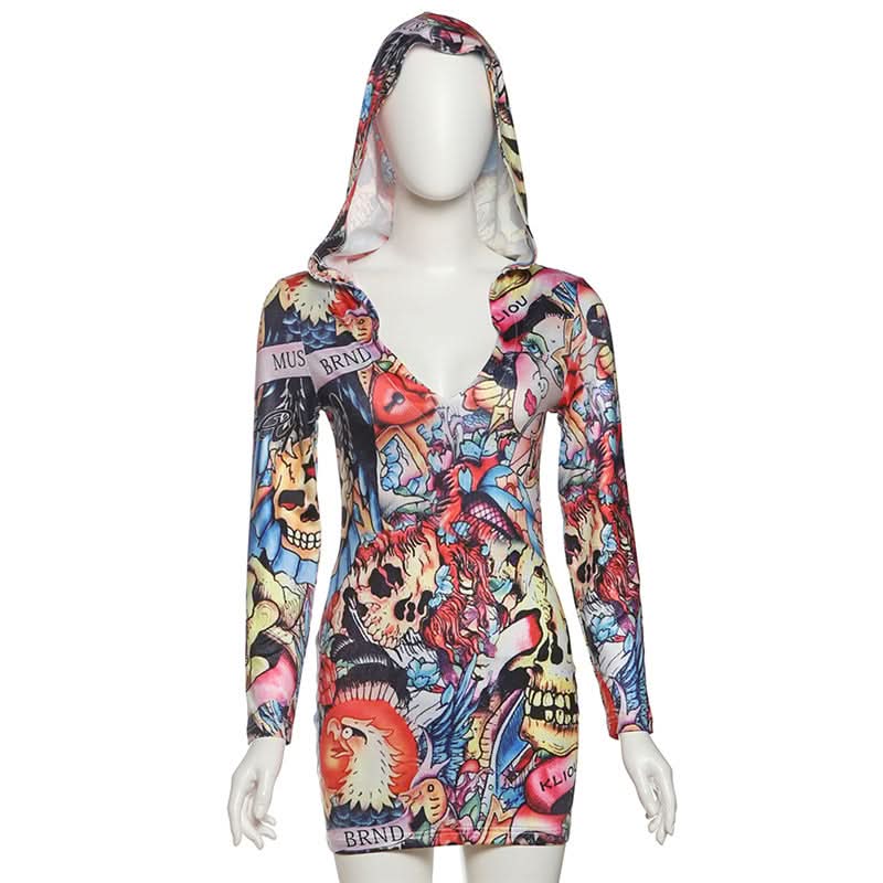 Dare to Stand Out: Edgy Tattoo Print Hooded Bodycon Mini Dress – Your Ultimate Halloween & Fall Party Look!