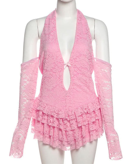 Flirty Pink Lace Halter Bodysuit | Tiered Ruffles & Chic Cold Shoulder Sleeves