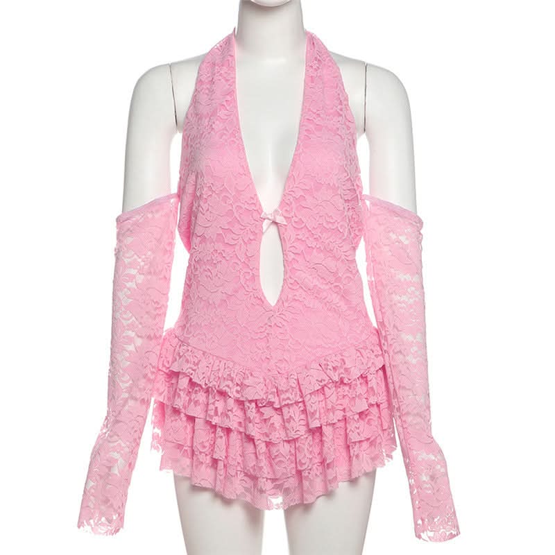 Flirty Pink Lace Halter Bodysuit | Tiered Ruffles & Chic Cold Shoulder Sleeves