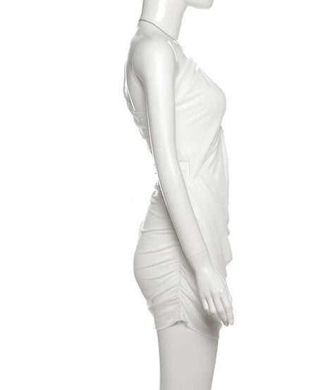 Daring White Ruched Halter Mini Dress | Metal Chain & Cutout - Your Fall Party & Night Out Essential