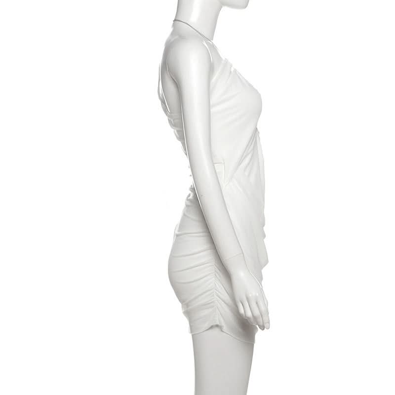 Daring White Ruched Halter Mini Dress | Metal Chain & Cutout - Your Fall Party & Night Out Essential