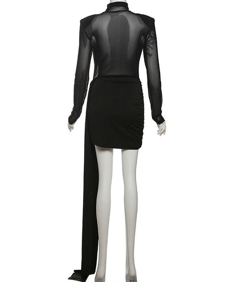 Sultry Black Mesh High Neck Mini Dress with Asymmetrical Statement Drape | Fall & Holiday Party Ready