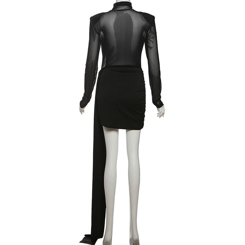 Sultry Black Mesh High Neck Mini Dress with Asymmetrical Statement Drape | Fall & Holiday Party Ready