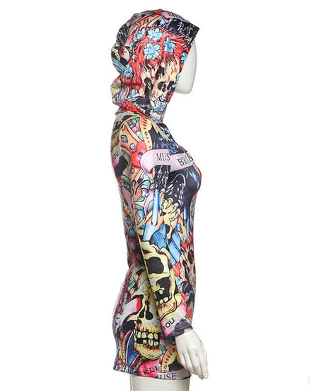 Dare to Stand Out: Edgy Tattoo Print Hooded Bodycon Mini Dress – Your Ultimate Halloween & Fall Party Look!