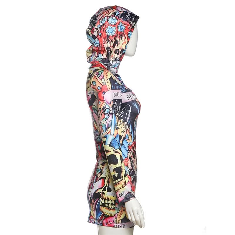 Dare to Stand Out: Edgy Tattoo Print Hooded Bodycon Mini Dress – Your Ultimate Halloween & Fall Party Look!