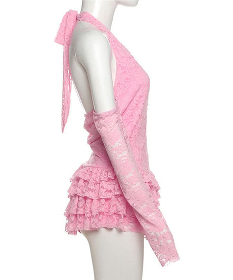 Flirty Pink Lace Halter Bodysuit | Tiered Ruffles & Chic Cold Shoulder Sleeves