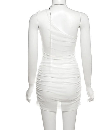Daring White Ruched Halter Mini Dress | Metal Chain & Cutout - Your Fall Party & Night Out Essential