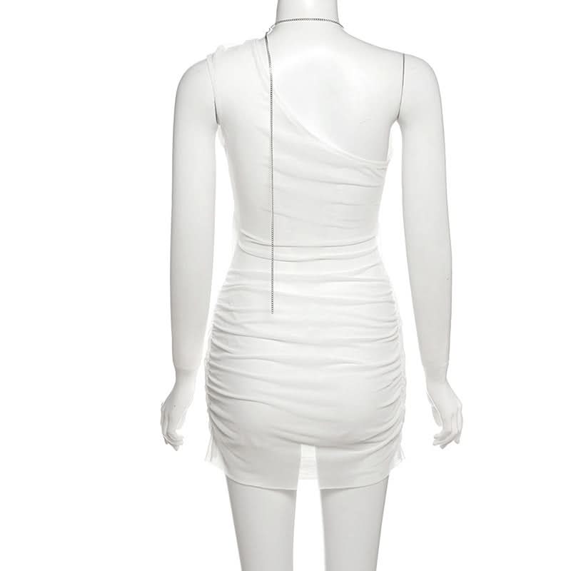 Daring White Ruched Halter Mini Dress | Metal Chain & Cutout - Your Fall Party & Night Out Essential