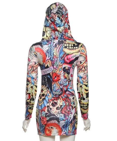 Dare to Stand Out: Edgy Tattoo Print Hooded Bodycon Mini Dress – Your Ultimate Halloween & Fall Party Look!