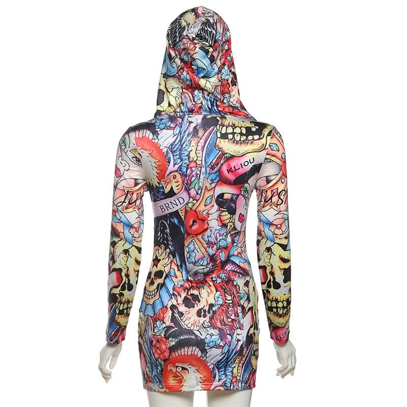 Dare to Stand Out: Edgy Tattoo Print Hooded Bodycon Mini Dress – Your Ultimate Halloween & Fall Party Look!
