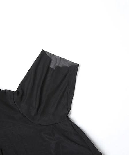 Sultry Black Mesh High Neck Mini Dress with Asymmetrical Statement Drape | Fall & Holiday Party Ready