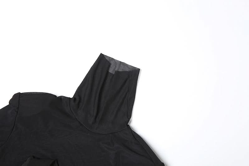 Sultry Black Mesh High Neck Mini Dress with Asymmetrical Statement Drape | Fall & Holiday Party Ready