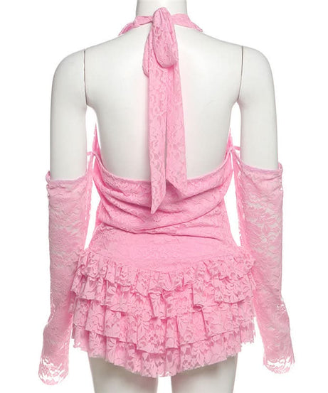 Flirty Pink Lace Halter Bodysuit | Tiered Ruffles & Chic Cold Shoulder Sleeves