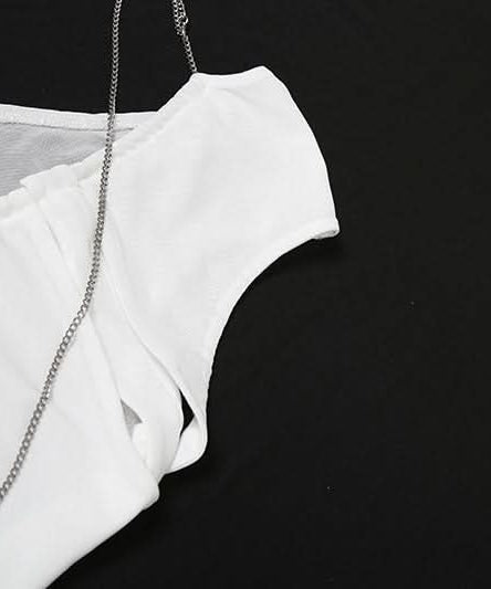 Daring White Ruched Halter Mini Dress | Metal Chain & Cutout - Your Fall Party & Night Out Essential