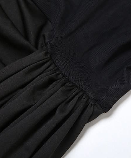 Sultry Black Mesh High Neck Mini Dress with Asymmetrical Statement Drape | Fall & Holiday Party Ready