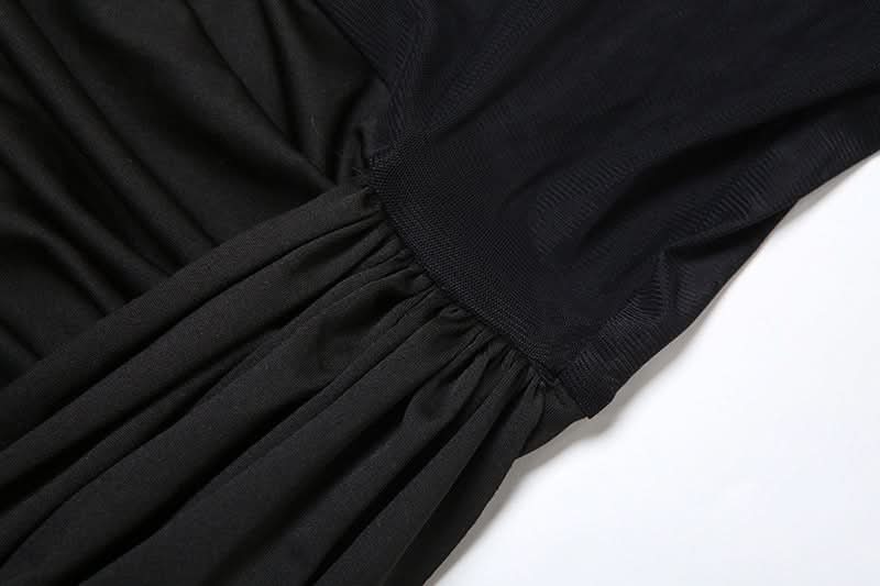 Sultry Black Mesh High Neck Mini Dress with Asymmetrical Statement Drape | Fall & Holiday Party Ready