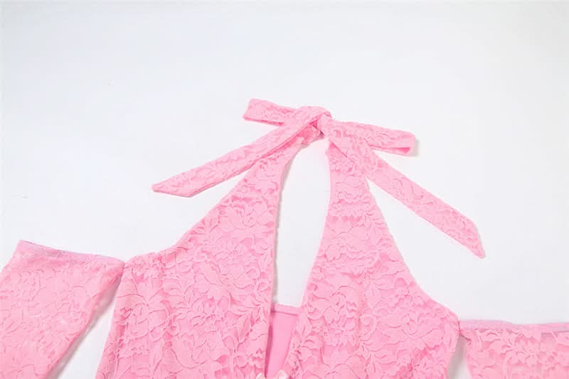 Flirty Pink Lace Halter Bodysuit | Tiered Ruffles & Chic Cold Shoulder Sleeves